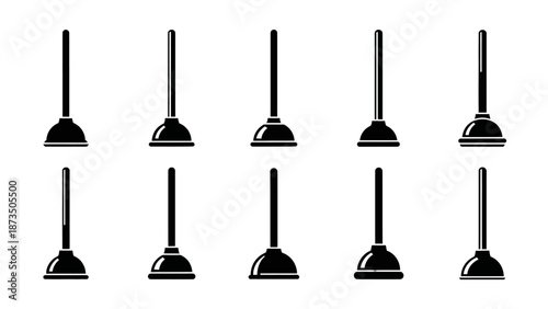 A set of ten black plungers on a white background in a pattern.