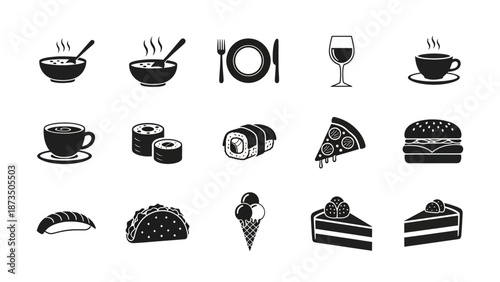 Collection of food and drink icons in black and white vector format.