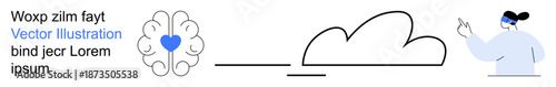 Artificial intelligence, cloud computing, mental health, communication, remote learning, and data exchange. A brain with a heart, a cloud icon and a person interact. AI and cloud computing concept