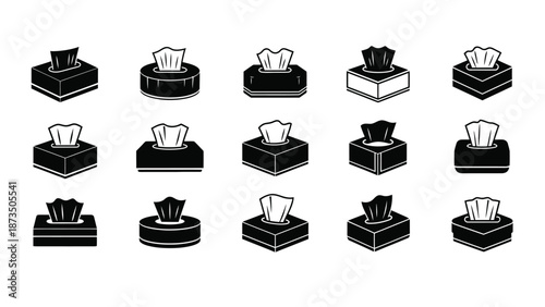 Collection of tissue box icons in various shapes and designs, isolated on white background.