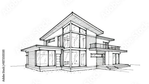 Modern residential villa with glass walls sketch