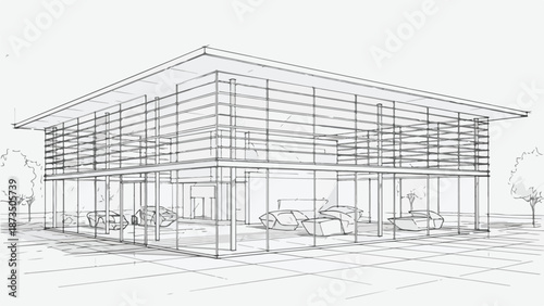 Modern glass office building pavilion sketch