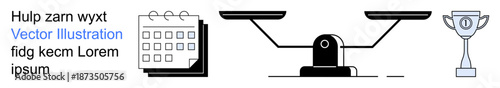 Time management, fairness, achievement recognition, decision making, productivity, goal setting. Calendar, balance scale and trophy symbols in a minimal design. Time management and fairness concepts