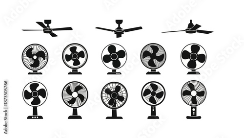 Collection of fan icons in black and white style.