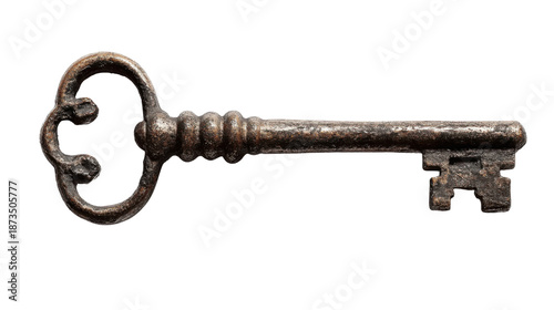  A single old rusty key isolated on white background 