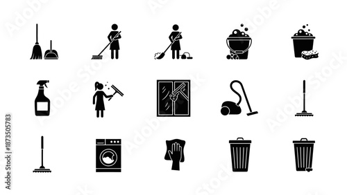 Collection of cleaning icons in black and white, depicting various cleaning tools and activities.