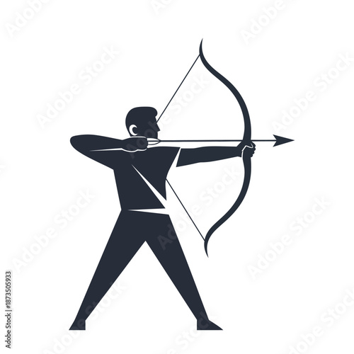 Stylized dark silhouette of a male archer aiming a traditional bow and arrow.