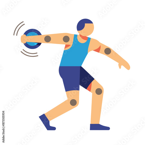 Stylized discus thrower athlete with circular joint markers, a flat vector icon.