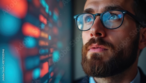 Bearded man with glasses analyzes colorful data on screen. Person looks thoughtfully on display. Analyst studies innovative solutions and future tech. It may be crypto data analysis.