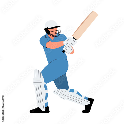 Stylized illustration of a cricket batsman in a blue uniform swinging a bat.