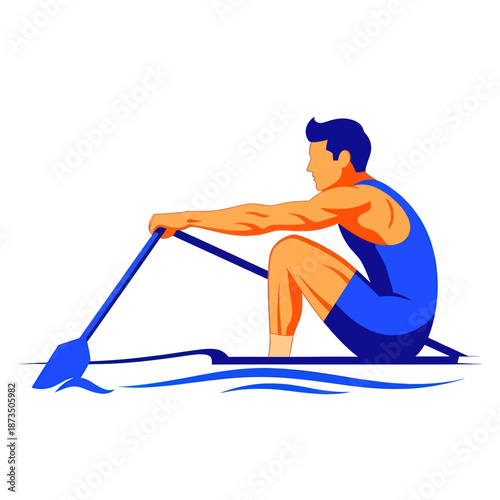 Stylized graphic illustration of a male athlete rowing a single scull boat on the water.