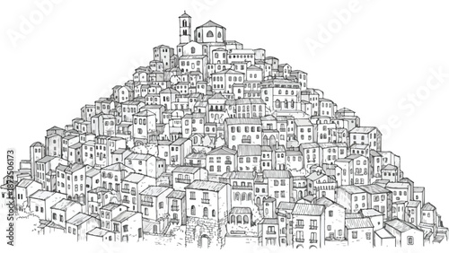 Dense hillside village with traditional stone houses