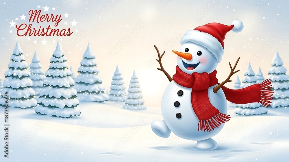 Fototapeta premium Snowman wearing red scarf and hat.