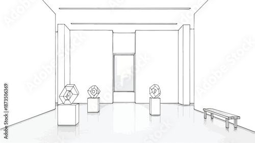 Minimalist art gallery interior exhibition room sketch