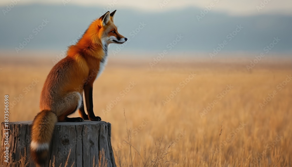 Obraz premium Fox sits on wooden stump in field at sunset. Orange fox in nature landscape. Wild animal in its natural environment. Fox creature in beautiful scenery