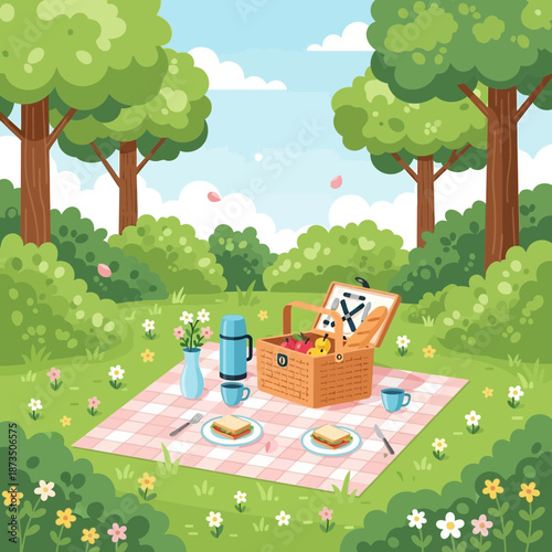 Summer Picnic Basket in a Lush Green Park with Flowers
