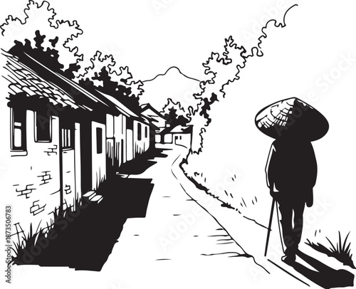 A person walking down a rural village street path