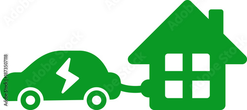 自宅で充電する電気自動車のアイコン EVホーム充電とエコ住宅のイラスト（Home EV Charging Icon – Electric Car Charging at House Illustration）
