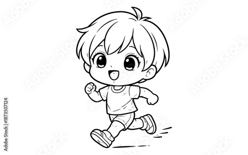 Cute anime boy running happily with a big smile and energetic pose
