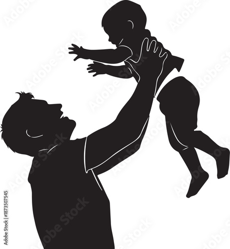 Silhouette of a man lifting a happy little baby