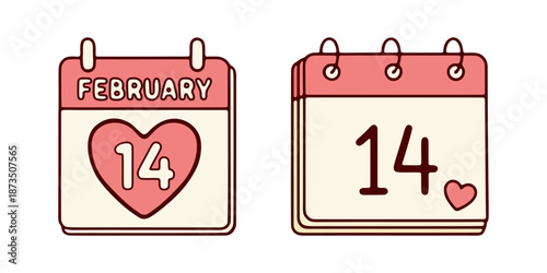 Valentine’s Day Calendar Illustration Set. Pink February 14th Date Icons with Heart. Romantic Save the Date and Anniversary Appointment Concept.