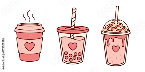 Valentine’s Day Takeaway Drink Illustration Set. Pink Coffee Cup, Bubble Tea and Milkshake with Heart Icons. Romantic Cafe and Sweet Beverage Concept.