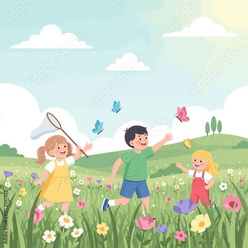 Children chasing butterflies in a vibrant meadow with flowers and blue sky.