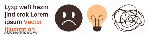 Problem recognition, creativity, brainstorming, confusion, mental health, emotions. Sad face, light bulb scribble lines. Problem recognition and creativity concept linking sadness with ideas