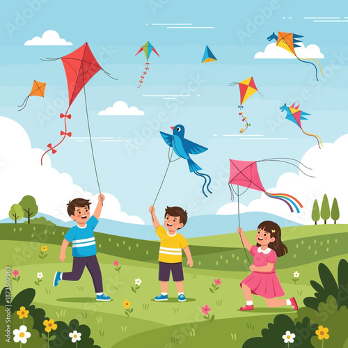 Children flying kites in a park on a sunny day, summer fun, outdoors
