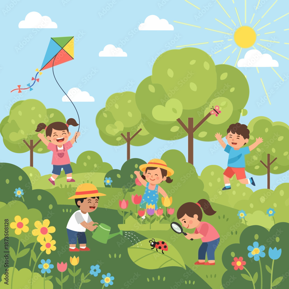 Obraz premium Children playing outdoors in spring, flying kite, watering plants, observing ladybug