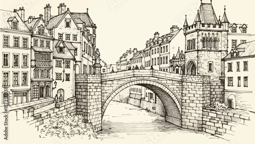 Old european town bridge over river with historic houses