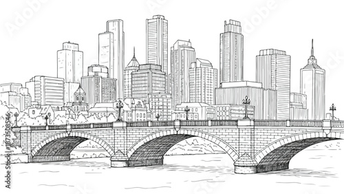 Classic stone arched bridge with city skyline background