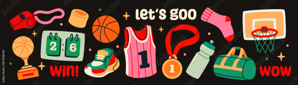 Fototapeta premium Basketball stickers set. Patches with sports equipment, uniforms, ball and basket, scoreboard, champions cup and whistle. Flat vector illustration collection isolated on background