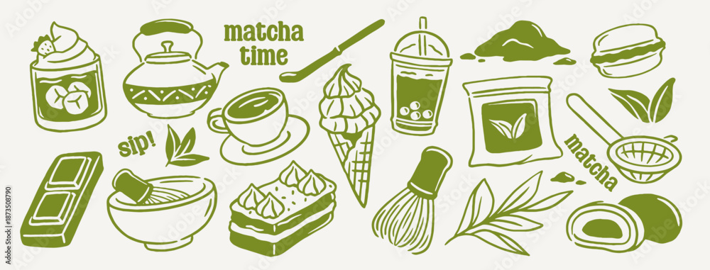 Fototapeta premium Matcha Doodle Set. Line sketches with green Japanese tea leaves, teapot, matcha powder, ice cream, cake, macarons, and mochi. Hand drawn vector illustration collection isolated on background