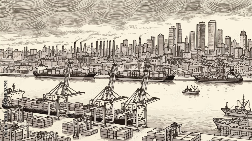 Obraz premium Industrial harbor port with cargo cranes and ships