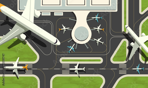 Top view of airport runway with airplanes. Plane flying above airport. Aircraft taking off and landing at terminal. Banner with aerodrome. Aviation and air transport. Flat vector illustration