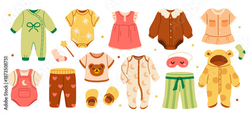 Set of baby sleepwear. Stickers with children clothing and apparel for sleeping for little boys and girls. Pajamas, bodysuits, pants and rompers. Flat vector illustrations isolated on background