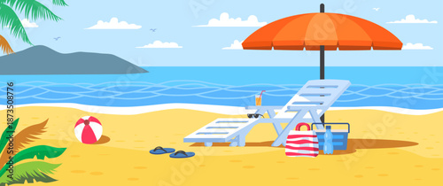 Vacation and travel concept. Tropical summer landscape with sandy beach, sea, beach umbrella and chair. Tourism, journey, and recreation in summer season. Cartoon Flat vector illustration