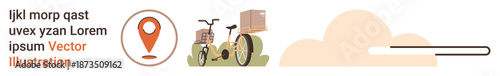 E-commerce, logistics, delivery services, eco-friendly transport, online shopping, location tracking. Bicycle carrying a package with a location pin. Delivery services and eco-friendly transport