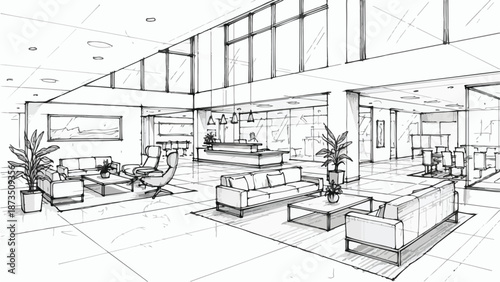 Modern office lounge area with sofas and plants sketch