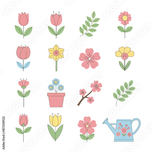Spring flowers, leaves, and watering can icons set