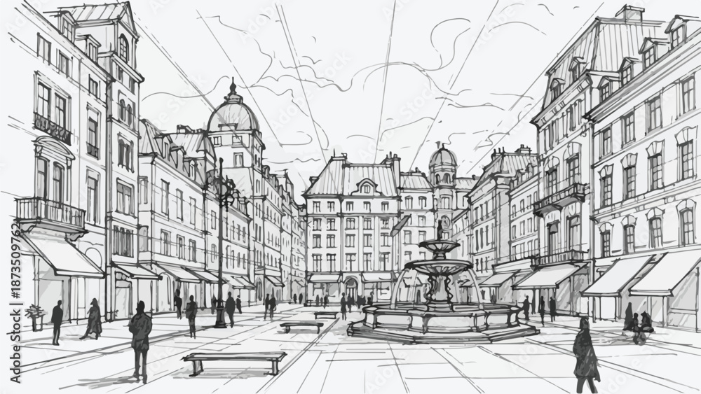 Obraz premium European city plaza with fountain and classic buildings sketch
