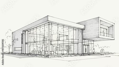 Modern commercial building with cantilevered glass box sketch