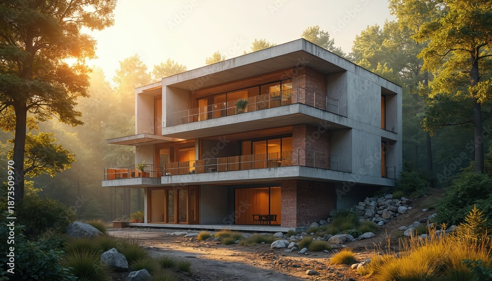 Obraz premium Modern multistory house stands in rich forest during golden hour. Sunlight filters through green trees, creating warm glow. Contemporary home features balconies, large windows, brick, concrete