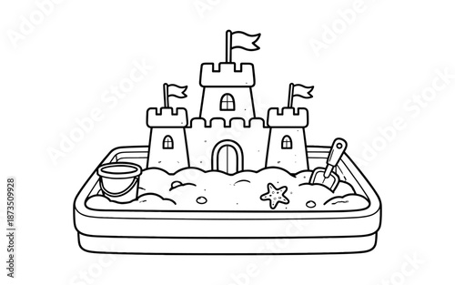 Simple line drawing of a sandcastle with bucket and shovel in a sandbox