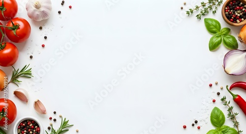 Culinary frame with vegetables and herbs on white background