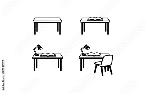 Study desk evolution: from table to complete workspace with chair and lamp