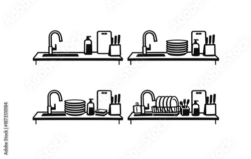 Minimalist black and white kitchen countertops with sinks and dishes