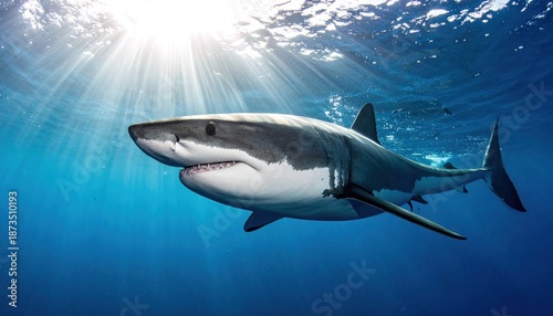 Wallpaper Mural Magnificent Great White Shark Swimming in the Deep Blue Ocean. Torontodigital.ca