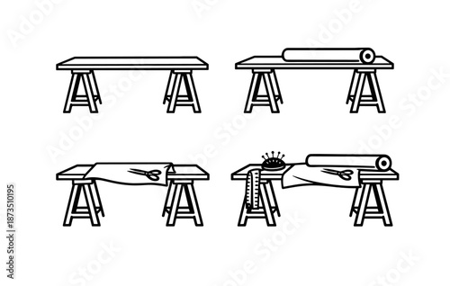 Set of tables with sewing materials including scissors, fabric, and measuring tape